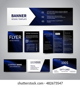 Banner, flyers, brochure, business cards, gift card design templates set with blue wave black background. Corporate Identity set, Advertising flyers, banner, cards, promotion printing