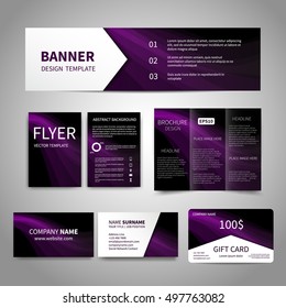 Banner, flyers, brochure, business cards, gift card design templates set with abstract purple wave background. Corporate Identity set, Advertising, promotion printing