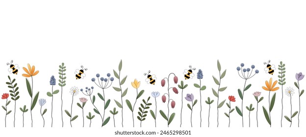 Banner with flying bees on a colorful flower meadow. Free space for text. Template for invitations, greetings, social media posts and advertising. 