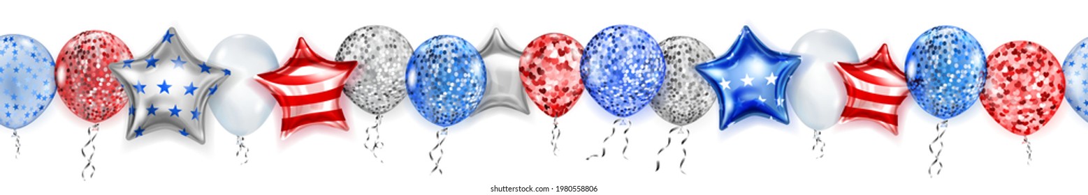 Banner with flying colored balloons in the colors of the USA flag with seamless horizontal repetition. Illustration for the Independence Day of the United States of America