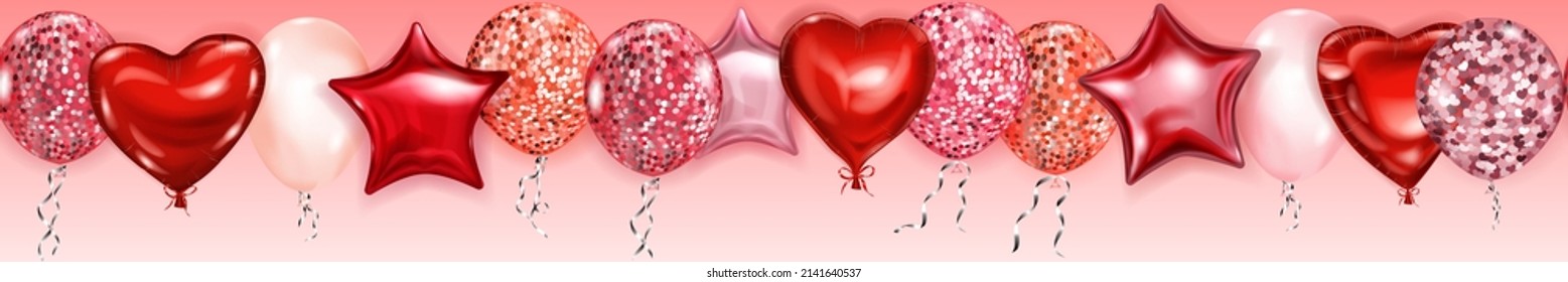 Banner with flying colored helium balloons in various shapes and colors with seamless horizontal repetition on pink background