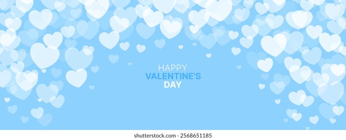 Banner with flying hearts, blue background. Happy Valentine's day template. Abstract background with hearts, love theme. Vector illustration.
