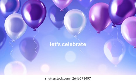 Banner with flying helium balloons. Festive background with purple balloons, bokeh effect and space for text. Design element for holiday and party celebration. Realistic cartoon vector illustration