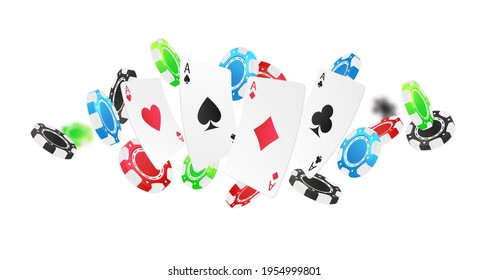 Banner with flying red, green, blue, black poker chips, tokens, silver dices, playing cards on white background. Vector illustration for casino, game design, advertising.