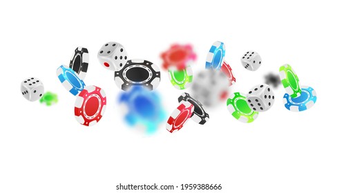 Banner with flying red, green, blue, black poker chips, tokens, silver dices isolated on white background. Vector illustration for casino, game design, advertising.