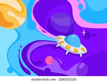 Banner with flying saucer. Placard design in cartoon style.
