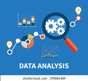 Banner with focused magnifying glass on gear and multicolored pie chart with name Data analysis on blue background. For web construction, mobile applications, banners, corporate brochures, layouts 
