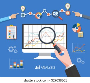 Banner with focused magnifying glass on gear and multicolored pie chart with name Data analysis on blue background. Hand holding a magnifying glass at the monitor with the schedule graph