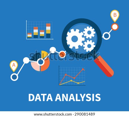 Banner with focused magnifying glass on gear and multicolored pie chart with name Data analysis on blue background. For web construction, mobile applications, banners, corporate brochures, layouts 