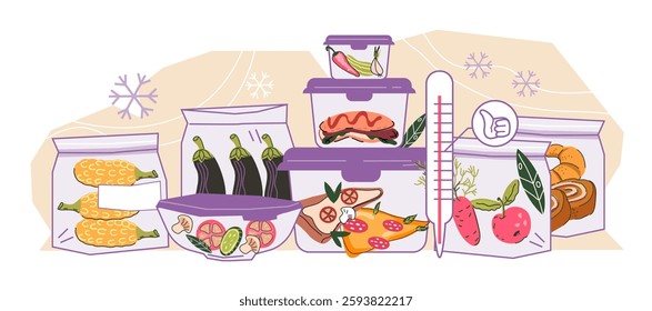 Banner with food in containers for theme of storage, preserving and keeping fresh food leftovers, flat vector illustration isolated on white background. Nutrition and reduce food waste.