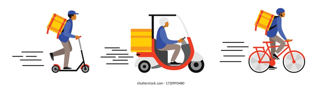 banner with food deliverers on different types of transport, by bike, by car, or on a scooter. flat drawing in cartoon style, horizontal format, main colors. stock vector illustration. EPS 10.