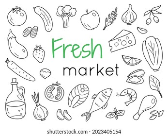 Ein Banner mit Essen und eine neue Marktbotschaft. Vektorgrafik im Doodle-Stil. Ideal für die Dekoration eines Lebensmittelgeschäfts oder einer Website. Gemüse, Früchte, Fisch und Fleisch im Kontrast