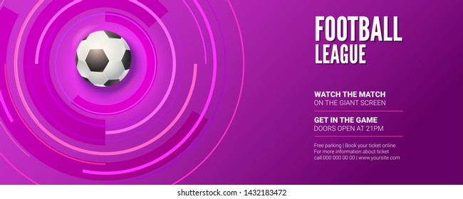 Banner for the football championship. Stylish dynamic background with realistic 3d ball for play in soccer and design of text. Vector template for sport events isolated on white background