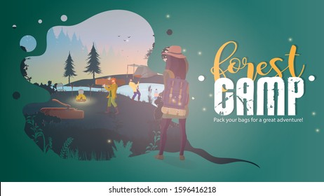Banner of the forest camp. Outdoor illustration Rest in the forest. Early morning in the forest with tents. Camping banner. Vector
