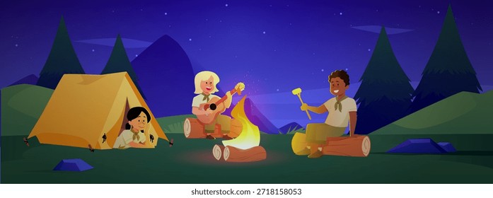 A banner with a forest night scene and child scouts in a tent, near a campfire, and playing a guitar. Camping, camp, summer vacation, adventure. Vector illustration. Flat cartoon style.