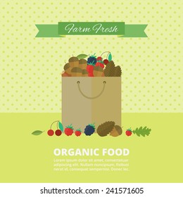 Banner with forest nuts and berries in package. Vector flat illustration. Concept organic food