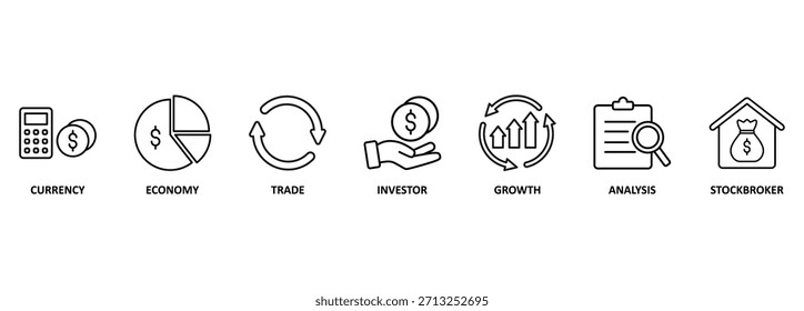 Banner Forex. Vektorgrafik mit Schlagwörtern und Symbolen