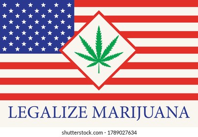 Cartel en forma de bandera estadounidense con una hoja de cáñamo. El concepto de legalización de la marihuana, el cannabis en Estados Unidos. Uso de drogas y despenalización. Maleza fumeante.