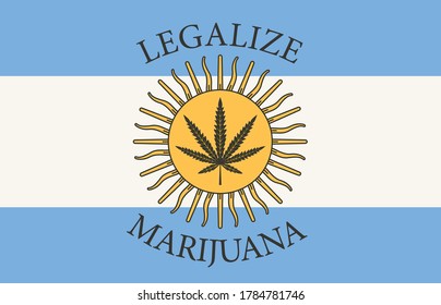 Cartel en forma de bandera argentina con una hoja de cáñamo. El concepto de legalizar la marihuana, el cannabis en Argentina. La medicina legaliza el cannabis. Consumo de drogas. Alga para fumar