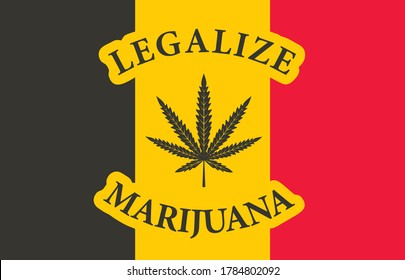 Cartel en forma de bandera belga con hoja de cáñamo. El concepto de legalización de la marihuana, el cannabis en Bélgica. Legalización médica del cannabis. Uso de drogas. Alga para fumar