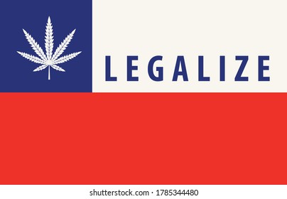 Cartel en forma de bandera chilena con una hoja de cáñamo. El concepto de legalizar la marihuana, el cannabis en Chile. Legalización médica y recreativa de la cannabis. Uso de drogas. Alga para fumar