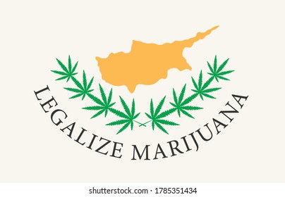 Banner in the form of the Cyprus flag with hemp leaves. The concept of legalizing marijuana, cannabis in Cyprus. Legalization of cannabis for medical use only. Smoking weed
