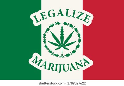 Cartel en forma de bandera mexicana con hoja de cáñamo. El concepto de legalizar la marihuana, legalizar el cannabis en México. Uso de drogas y despenalización. Alga para fumar