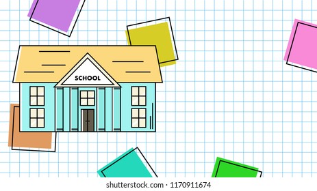 Banner in form of a sheet of paper from a notebook. Colorful school building in linear style. Vector illustration about education.