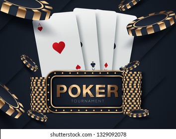 Banner with four aces and a several back side playing cards on black background. Winning poker hand