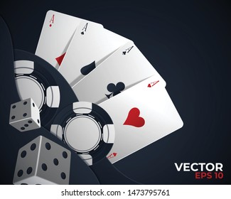 Banner with four aces and a several back side playing cards on black background