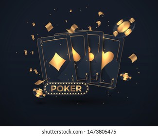 Banner with four aces and a several back side playing cards on black background