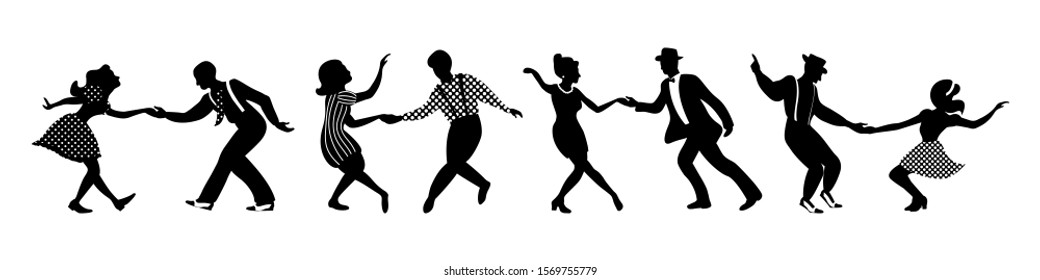 Banner with four black silhouettes of dancing couples on white background. People in 1940s or 1950s style. Vector illustration.