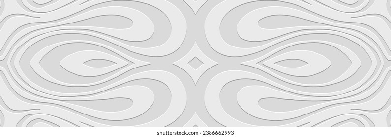 Banner, fractal cover design. Embossed ethnic tribal geometric decorative 3D line pattern on white background. Fantasy motifs of the East, Asia, India, Mexico, Aztec, Peru.