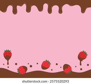 Banner frame background illustration for 'Valentine's Day', the day when lovers give each other chocolates. Background with a combination of melting chocolate and strawberries.