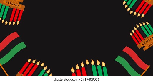 Banner Frame border of Candlestick with Burning Candles and Flags in Pan African Colors Copy space. Isolated Vector illustration Kwanza Holiday Greeting Thematic Cards Template, leaflets, Media Posts