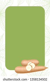 banner frame of cassava fresh for copy space, cassava cut slice for tapioca flour industry or ethanol, pile yucca cassava tuber on frame, raw manioc cassava on template banner green background empty