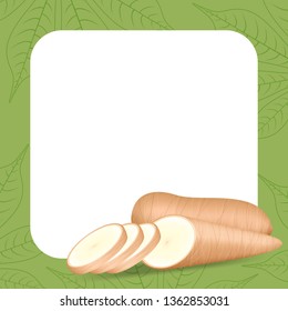 banner frame of cassava fresh for copy space, cassava cut slice for tapioca flour industry or ethanol, pile yucca cassava tuber on frame, raw manioc cassava on template banner green background empty