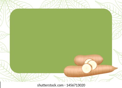 banner frame of cassava fresh for copy space, cassava cut slice for tapioca flour industry or ethanol, pile yucca cassava tuber on frame, raw manioc cassava on template banner green background empty