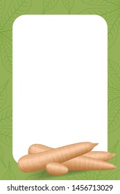 banner frame of cassava fresh for copy space, cassava cut slice for tapioca flour industry or ethanol, pile yucca cassava tuber on frame, raw manioc cassava on template banner green background empty