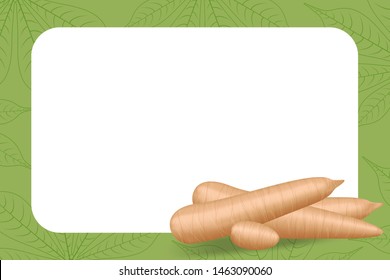 banner frame of cassava fresh for copy space, cassava cut slice for tapioca flour industry or ethanol, pile yucca cassava tuber on frame, raw manioc cassava on template banner green background empty