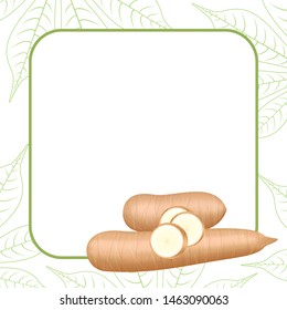 banner frame of cassava fresh for copy space, cassava cut slice for tapioca flour industry or ethanol, pile yucca cassava tuber on frame, raw manioc cassava on template banner green background empty