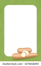 banner frame of cassava fresh for copy space, cassava cut slice for tapioca flour industry or ethanol, pile yucca cassava tuber on frame, raw manioc cassava on template banner green background empty
