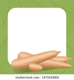 banner frame of cassava fresh for copy space, cassava cut slice for tapioca flour industry or ethanol, pile yucca cassava tuber on frame, raw manioc cassava on template banner green background empty