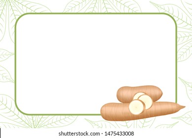 banner frame of cassava fresh for copy space, cassava cut slice for tapioca flour industry or ethanol, pile yucca cassava tuber on frame, raw manioc cassava on template banner green background empty