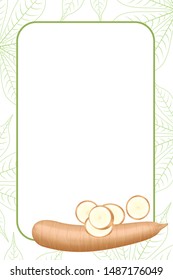 banner frame of cassava fresh for copy space, cassava cut slice for tapioca flour industry or ethanol, pile yucca cassava tuber on frame, raw manioc cassava on template banner green background empty