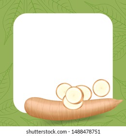 banner frame of cassava fresh for copy space, cassava cut slice for tapioca flour industry or ethanol, pile yucca cassava tuber on frame, raw manioc cassava on template banner green background empty