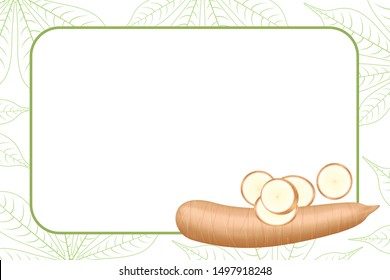 banner frame of cassava fresh for copy space, cassava cut slice for tapioca flour industry or ethanol, pile yucca cassava tuber on frame, raw manioc cassava on template banner green background empty