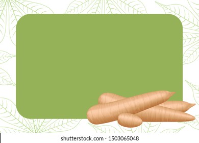 banner frame of cassava fresh for copy space, cassava cut slice for tapioca flour industry or ethanol, pile yucca cassava tuber on frame, raw manioc cassava on template banner green background empty