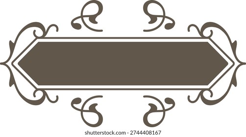 Banner frame with double arrow ends and floral scrollwork, blank center for text. Symbol of elegance, label, and vintage refinement for branding and packaging. Cartoon vector illustration.