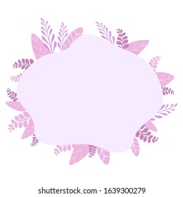 banner, frame in flat style. Background in the form of a shapeless cloud with palm leaves. Banner with place for text. Vector stock illustration on a white isolated background. Invitation.pink colors